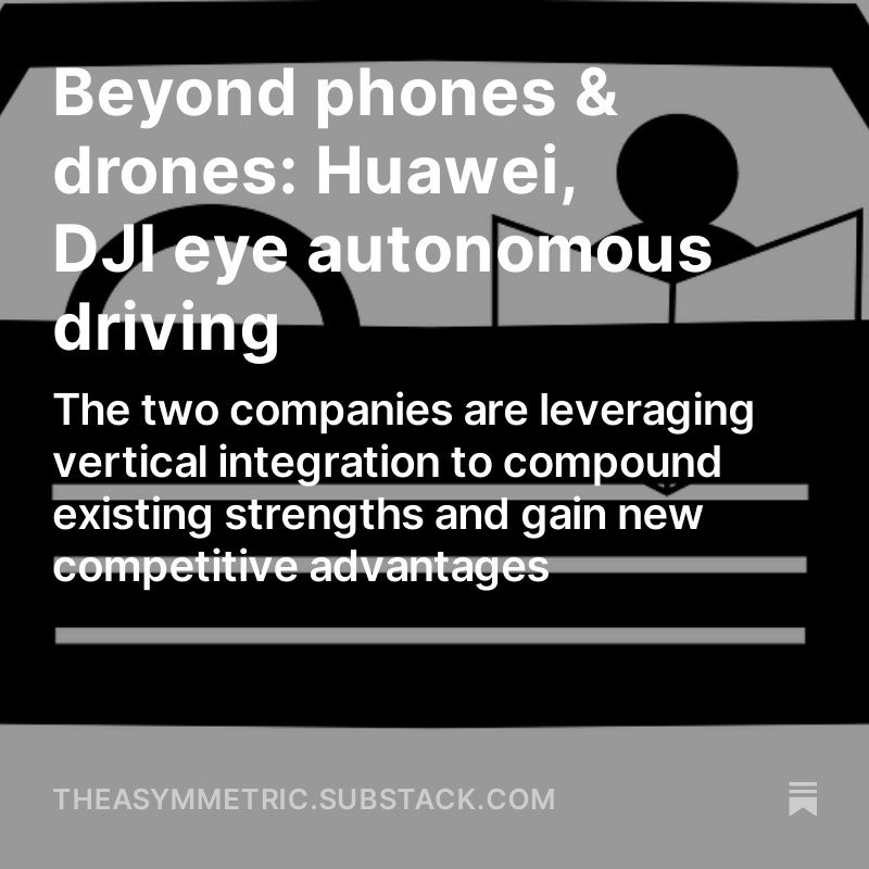 Force Distance Times (@distancetimes) on Twitter photo On news of Huawei's car unit expecting to be profitable this year (cnevpost.com/2024/03/17/hua… - <a href="/CnEVPost/">CnEVPost</a>), & DJI Auto launching its 7k yuan ADAS solution, re-upping our earlier post on the firms' vertical integration strategy for autonomous driving tech: theasymmetric.substack.com/p/huawei-dji-a… On news of Huawei's car unit expecting to be profitable this year (cnevpost.com/2024/03/17/hua… - <a href="/CnEVPost/">CnEVPost</a>), & DJI Auto launching its 7k yuan ADAS solution, re-upping our earlier post on the firms' vertical integration strategy for autonomous driving tech: theasymmetric.substack.com/p/huawei-dji-a…