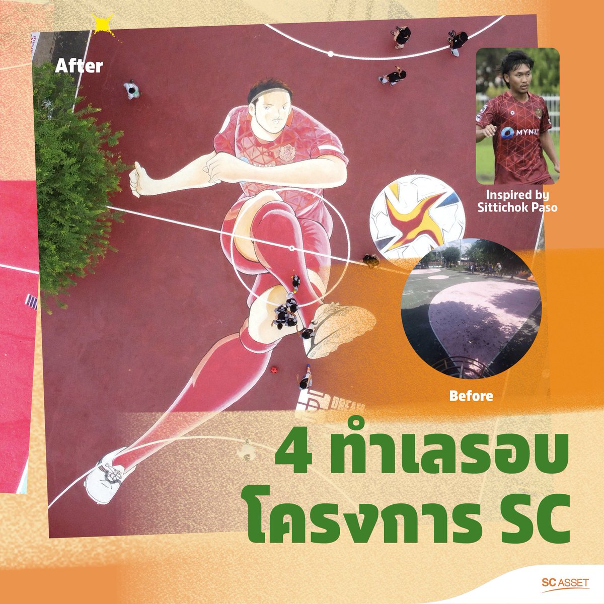 👀 SC Asset พาส่อง Before – After การแปลงโฉมสนามบอลในชุมชม 4 ทำเล ด้วยลวดลายฮีโร่นักเตะชาวไทย อย่าง ธีรศิลป์ แดงดา, ธีราทร บุญมาทัน, ชนาธิป สรงกระสินธ์ และ สิทธิโชค ภาโส ผ่านฝีมือนักวาดการ์ตูนดัง “กัปตันซึบาสะ” อ.โยอิจิ ทาคาฮาชิ สู่โปรเจกต์ “Dream Stadium สนามแห่งฝัน ซีซัน 2”