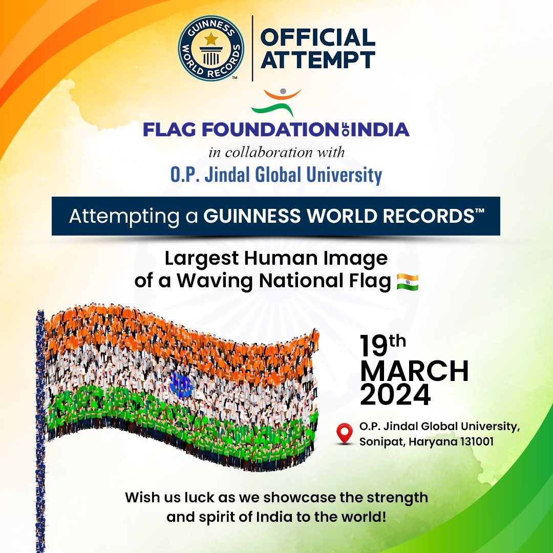 Imagine thousands of people uniting to create a giant, waving flag! 🇮🇳 The Flag Foundation of India, along with OP Jindal Global University, is attempting a historic feat: breaking the record for the largest human image of a waving national flag!