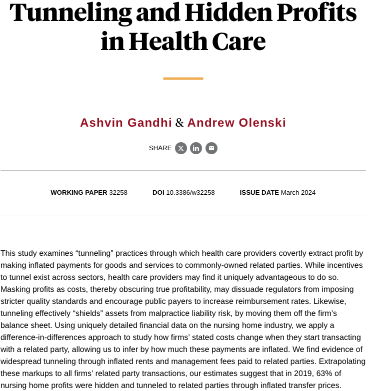 🚨New @nberpubs with @andrewolenski on major hidden profits in the healthcare sector! Bear with me as I explain how nursing homes are able to hide almost 2/3 of their profits from regulators and the public! I promise it's worth it! 🧵1/17 Paper: nber.org/papers/w32258