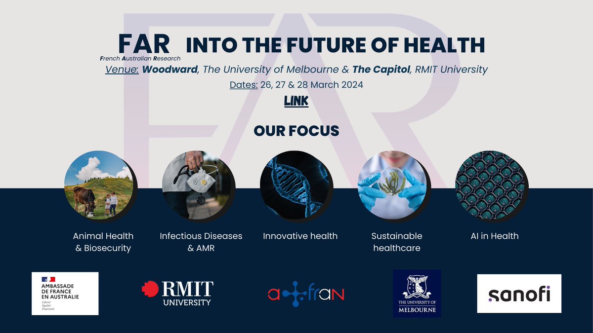 AFRAN's 'FAR' series is back for a new edition! 📅 26th to 28th of March 📌Melbourne This year the 'FAR into the Future of Health' events will look into 🇫🇷 🇦🇺 research in health science and innovation in the IndoPacific region. 🎟 Register now 🔗 bitly.ws/3gbix
