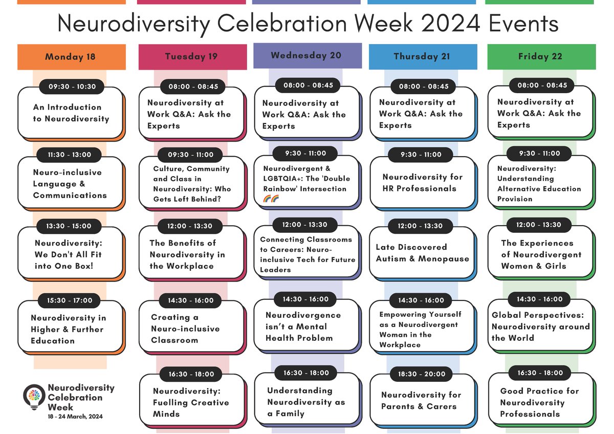 Here is our schedule of events for Neurodiversity Celebration Week 2024. Events are all free, open to all and recorded. Sign up @NCWeek #Neurodiversity #NeurodiversityWeek #NeurodiversityCelebration #CelebrateNeurodiversity #NeurodiversityAwareness