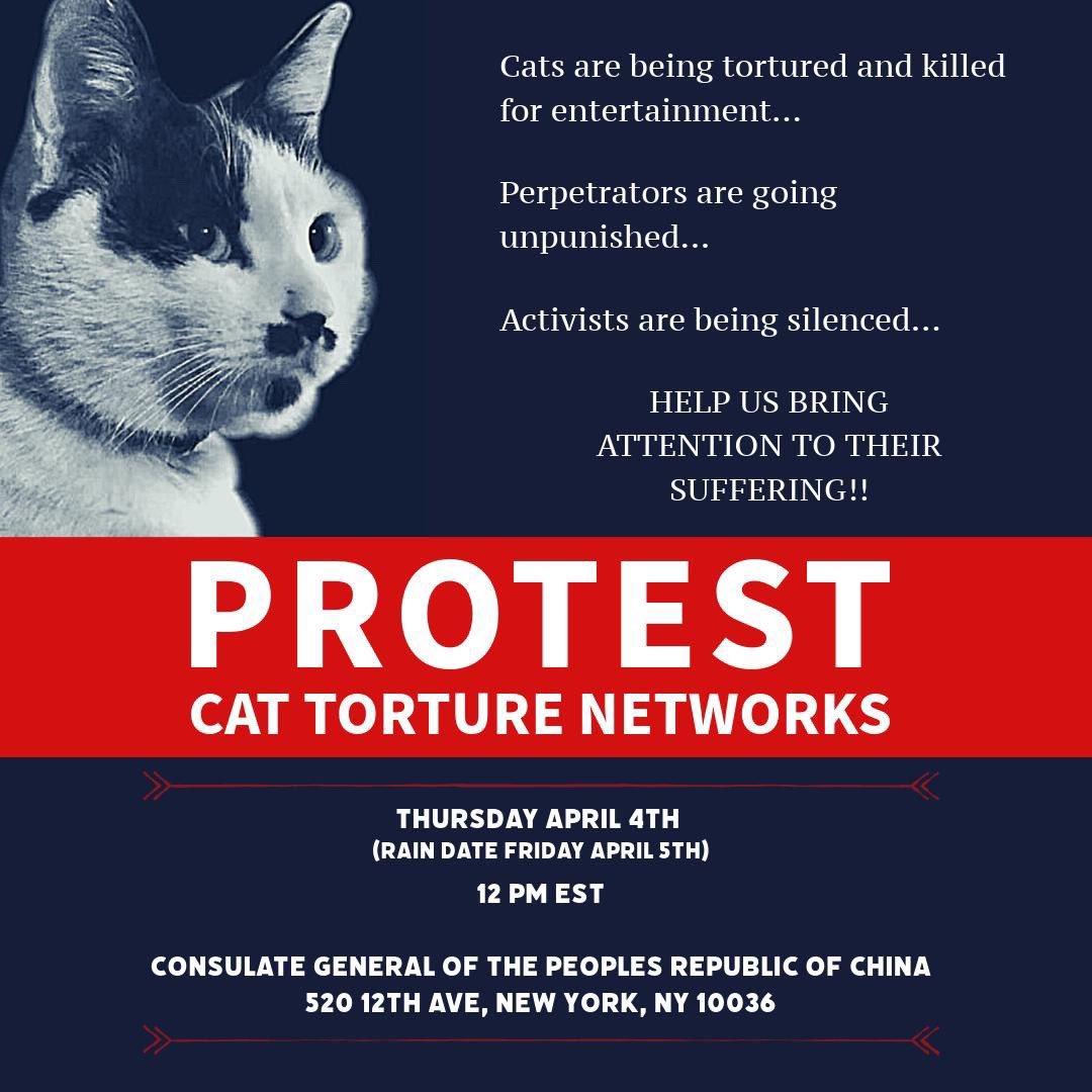 Activists in #China 🇨🇳 are silenced ! We are NOT.
Please come to
Protest against #CatAbusersChina 
#NYC 
#April4 2024 #noon
#ChineseConsulate
520 12thAvenue
#NYC