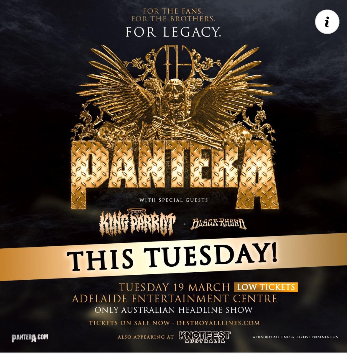 Tuesday night in Adelaide. @kingparrotband support the almighty @panteraofficial at their only headline show in Oz. Couldn’t be more grateful for the opportunity, thank you to all involved. 🙏🏻 Looking forward to Knotfest to round out the week. LET’S GO!!!