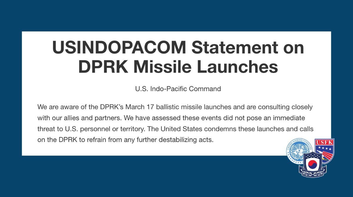 .@INDOPACOM's statement on #DPRK's recent ballistic missile launches #탄도미사일

🔎 pacom.mil/Media/News/New…
#같이갑시다 | 🇰🇷 #ROKUSAlliance 🇺🇸 | #WeGoTogether
@ROK_MND - @DeptofDefense - @jmsdf_pao_eng