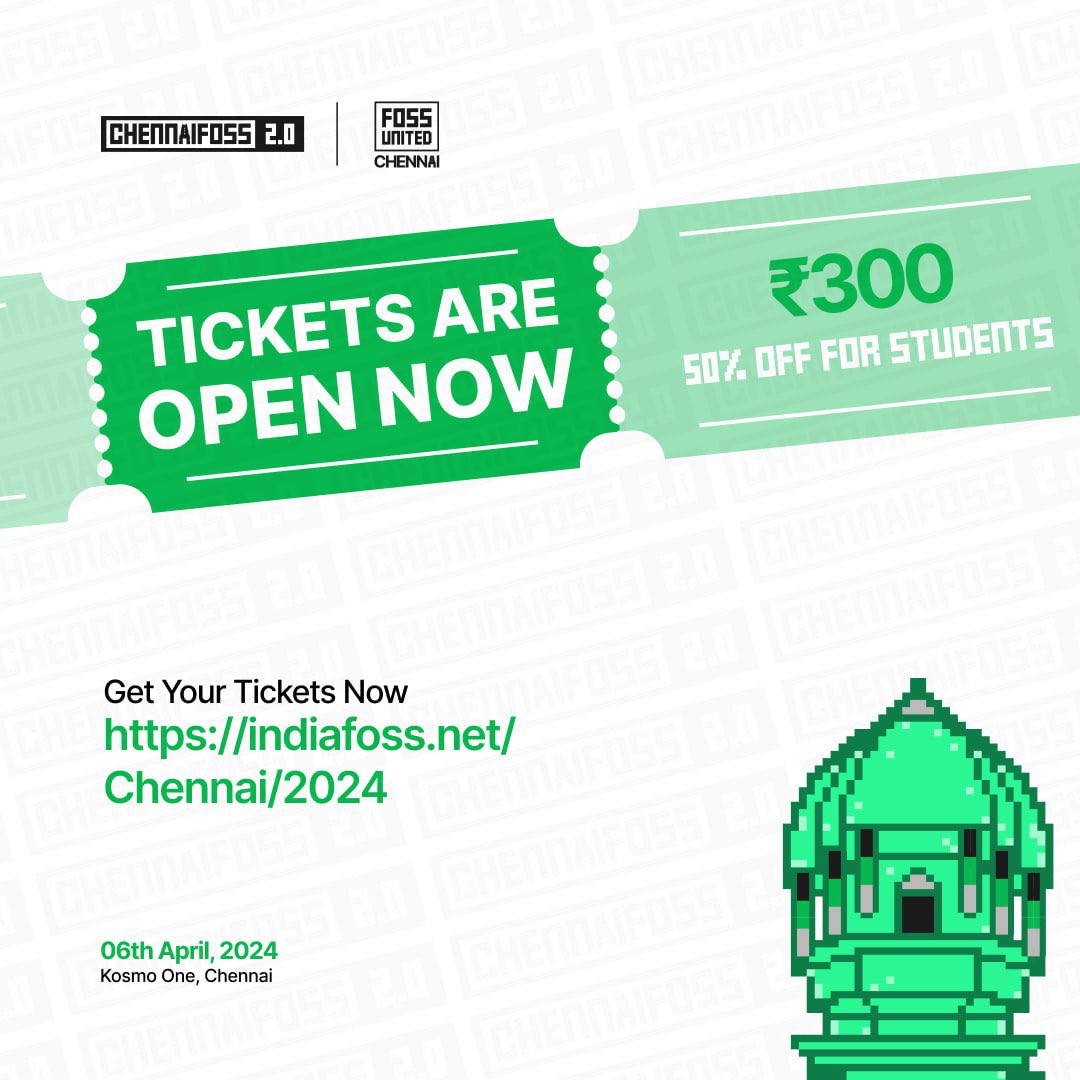 FOSS United (@fossunited) on Twitter photo ChennaiFOSS Conference 2.0 is happening on April 6th, 2024.
Join us to learn from and network with the #FOSS community in #Chennai and beyond.
indiafoss.net/chennai/2024
Please retweet to spread the word 🙏.
<a href="/FOSSChennai/">FOSS United Chennai</a> ChennaiFOSS Conference 2.0 is happening on April 6th, 2024.
Join us to learn from and network with the #FOSS community in #Chennai and beyond.
indiafoss.net/chennai/2024
Please retweet to spread the word 🙏.
<a href="/FOSSChennai/">FOSS United Chennai</a>