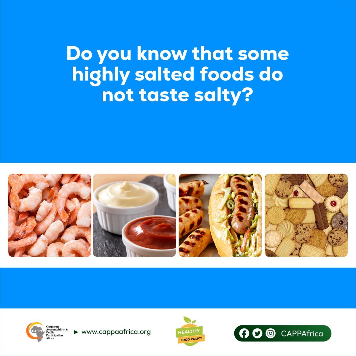Foods like bread, snacks, biscuits, confectionaries, mayonnaise, ketchup, sauces, and processed meat products may not taste salty but they contain a high quantity of salt and sodium. Avoid eating too much of these foods. #SaltReduction #Healthydiets
