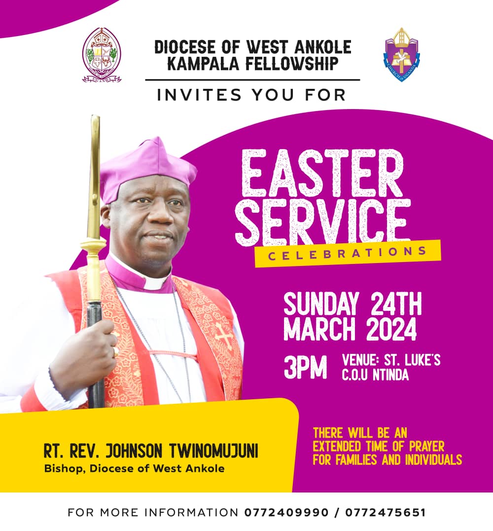 Sunday plot.Don't miss Easter service this Sunday 24.03.2024 with our Bishop Johnson Twinomujuni at St Luke Church - Ntinda.@AKasingye @coufamilytv @NAnkoleRushere @Northkigezidio1 @Online_COU @Rev_Dr_LidyKitz @AnkoleDiocese @jotwino