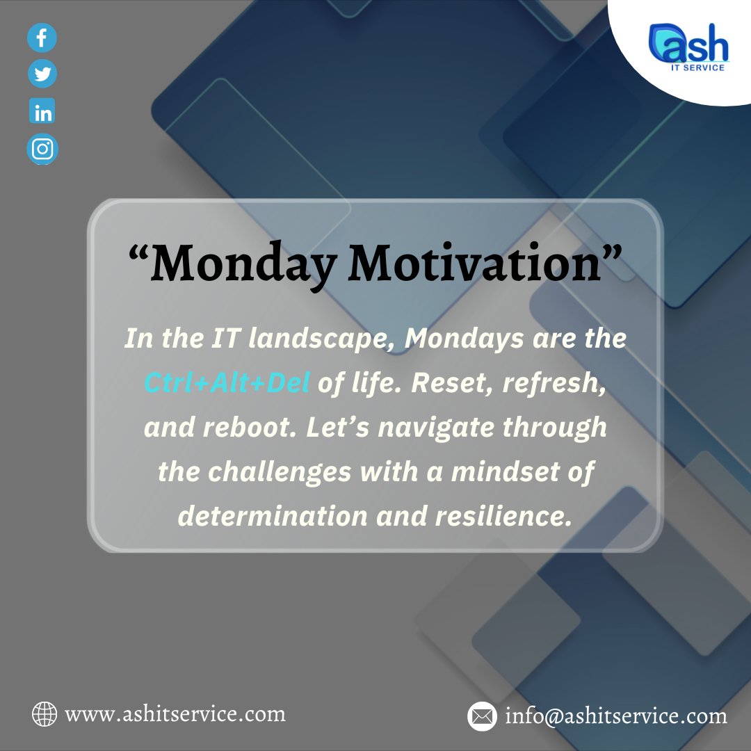 ASHITService's tweet photo. Reset your goals and embrace challenges with determination in the IT landscape.💻💪
#ITlandscape #MondayMotivation #TechGoals #Determination #Resilience #TechLife #ResetRefreshReboot #ChallengesAhead #GoalSetting #ASHITService https://t.co/wn9whaR3WX