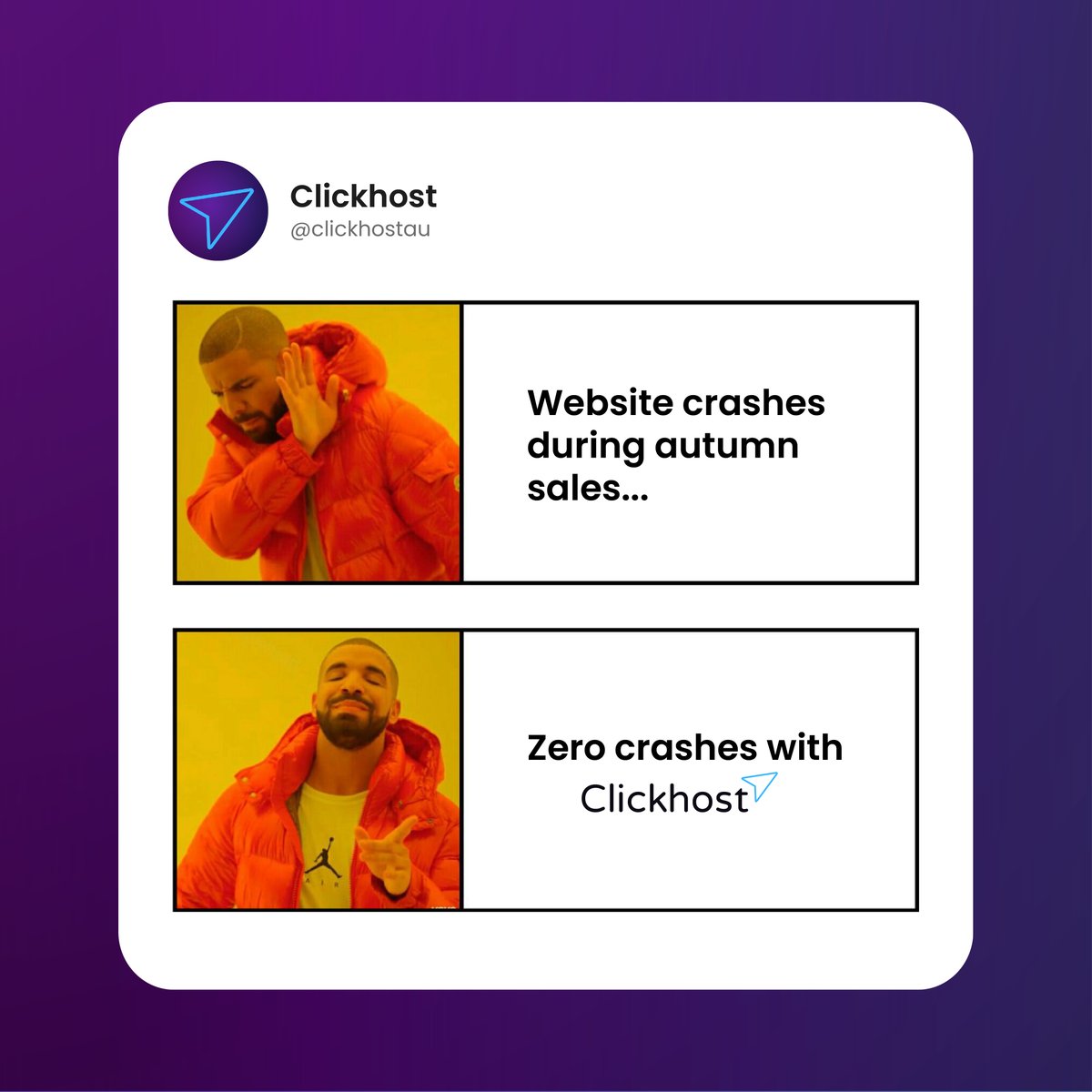 clickhostAU's tweet photo. Website crashes got you channeling your inner internet troll?

Say goodbye to website crashes! Clickhost delivers rock-solid stability.

#webhosting #zerocrashes #meme #clickhost #australia https://t.co/sPLuuRhnZh