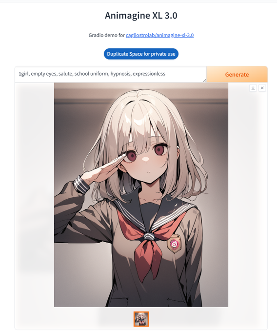 huggingface上で無料でAnimagine XLが使えるようになってる!
生成速度も速かったし、ちょっと使ってみるには良さそう
https://t.co/7cXHNDloC6
(エッチなやつもできた…ボソ) 