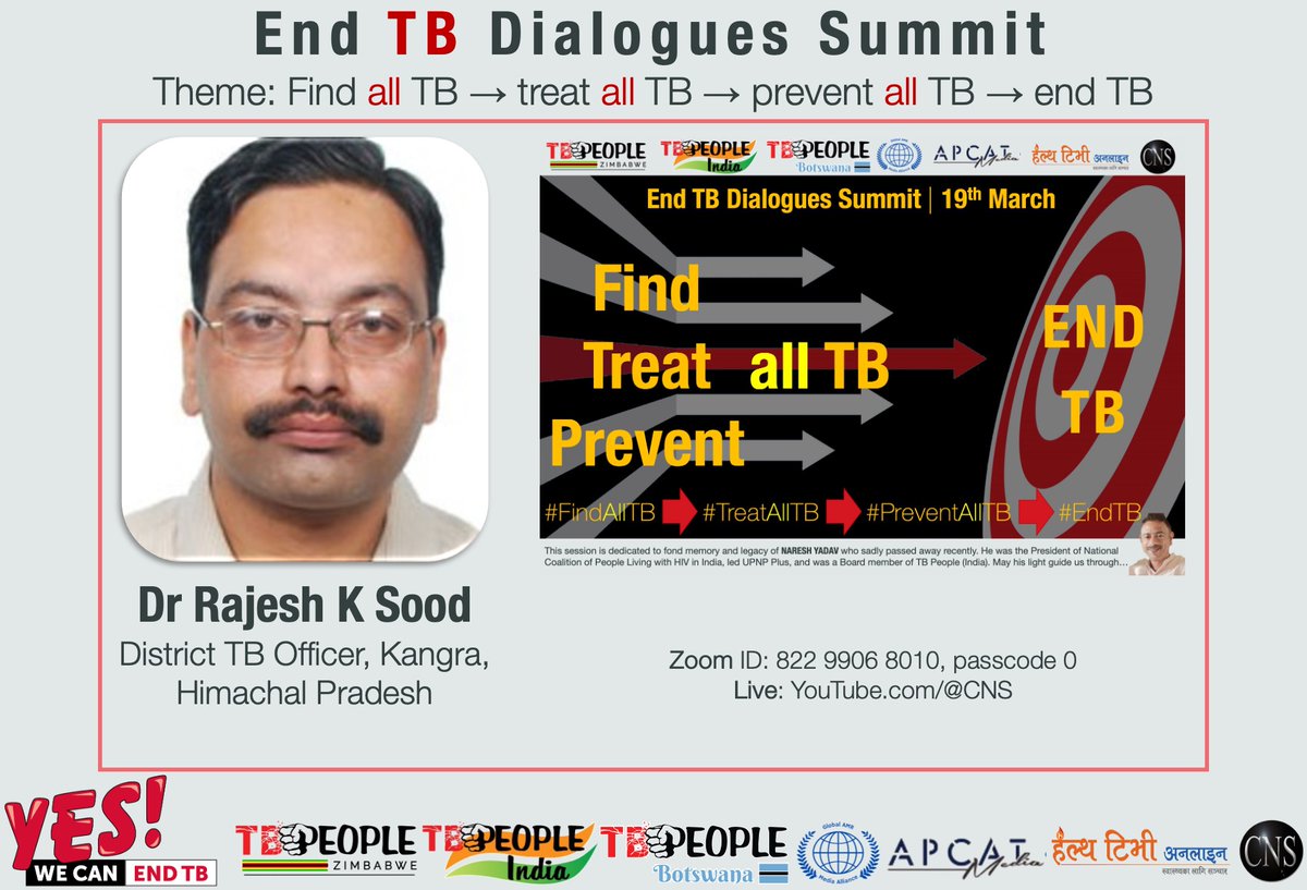 ⭐️ Dr RK Sood, Kangra District TB Officer ⭐️ is among the speakers of our annual #EndTB Dialogues Summit | #WorldTBDay Theme: 👉Treatment is prevention: Find all TB, treat all TB, prevent all TB👈 👉Join us on 1️⃣9️⃣ March 🔹 Zoom link us06web.zoom.us/meeting/regist… #YesWeCanEndTB