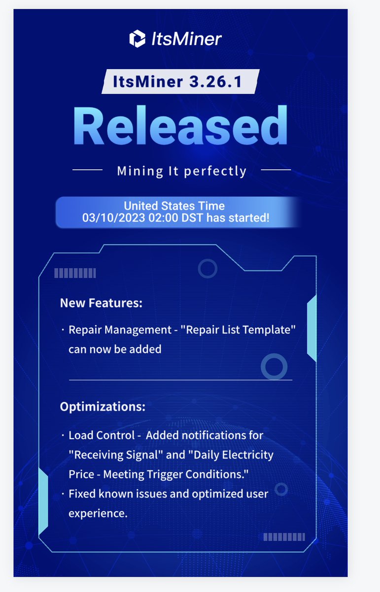 itsminer_com's tweet photo. #ItsMinerUpdate V3.26.1 is live! 🌟 United States users, #DST has started! Exciting additions:

Repair List Template for Repair Management.
Notifications for Load Control.
Bug fixes &amp; smoother user experience! 🚀 #TechUpdate #Innovation 🇺🇸 https://t.co/EyeBSjTIPq