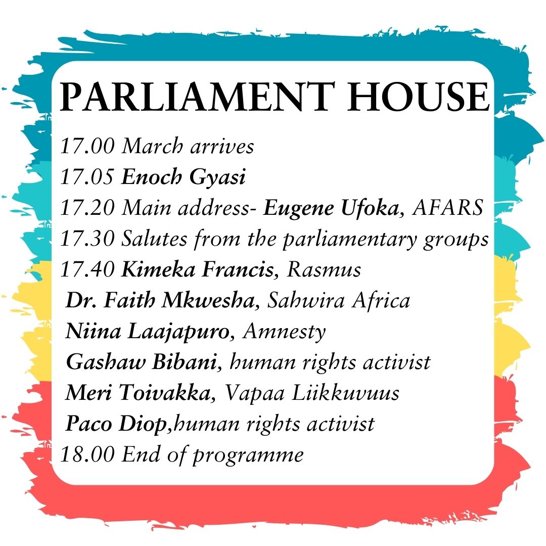 Hello Suomi Finland! 🇫🇮 Let's show some love and solidarity on the March for Equality on the UN Day Against Racism on Thursday! Our beautiful artists and speakers listed here. Friends grab your signs & JOIN THE MARCH!!!❤️ #FightRacism #RasismistaVapaaSuomi #FinlandWithoutRacism