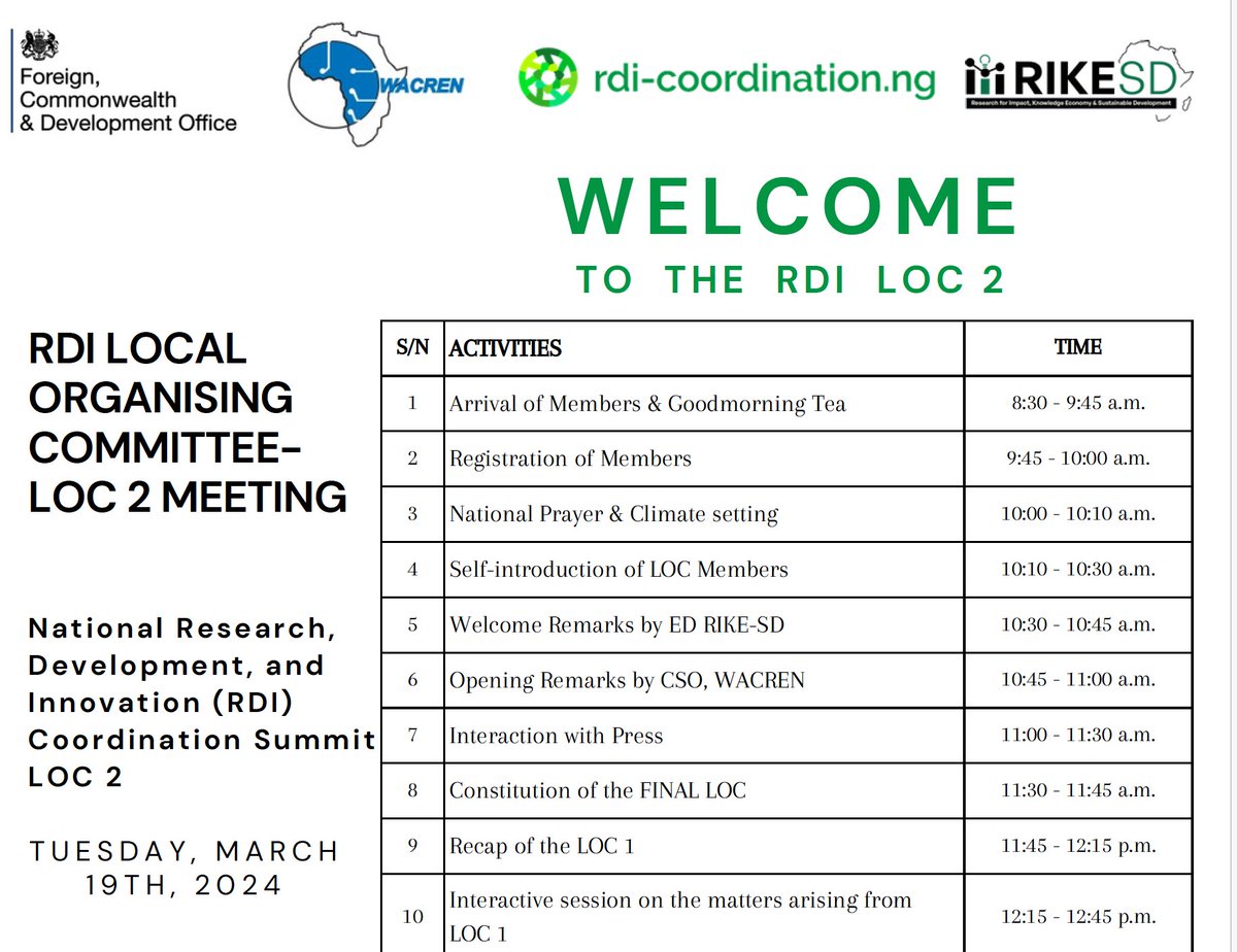 Excited to announce the National RDI Coordination Summit this month (25th-27th March) at Bolton White Event Center, Abuja! 🇳🇬

Learn more 👉 rdi-coordination.ng as the LOC finalise the agenda, and join us to work towards a more collaborative &amp; efficient #NigeriaRDI ecosystem!