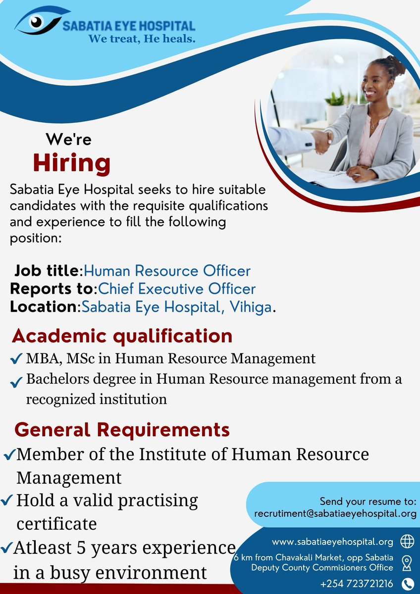 SabatiaEye's tweet photo. Exciting opportunity at Sabatia Eye Hospital in Vihiga County! Seeking a talented HR professional to join our team. If you're passionate about healthcare and have the skills for this role, submit your resume by March 31, 2024.
Rita Tinina Mercy #HRJobs #Healthcare # #vacancy https://t.co/UTxIctoJd4