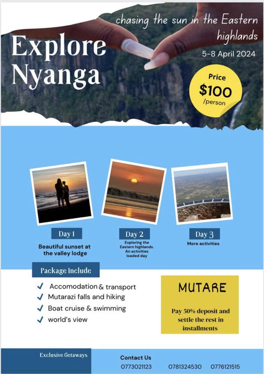 Are you based in Mutare?
Have you been planning to visit Nyanga?
Do you wish to travel without breaking your bank?

Well, this package is for you!!!

For $100 only, we are offering you transport to and from Mutare, 3 nights accommodation and activities...

$100/person
$195/couple