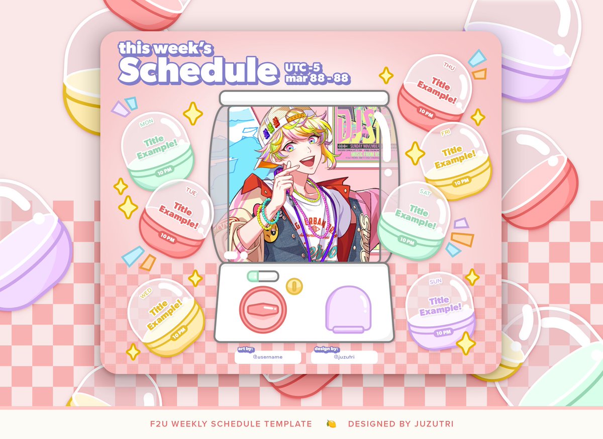 ˗ˏˋ ꒰ F2U schedule template🍋 ꒱ ˎˊ-  

i was  gifted a gachapon toy and i thought it would be fun to design it into a schedule ٩(๑❛ᴗ❛๑)۶

 ♡ + ↻ appreciated  - #VTuberAssets #FreeToUse #F2U #ENVtuber #Vtuber

 download link to my ko-fi is below ↓