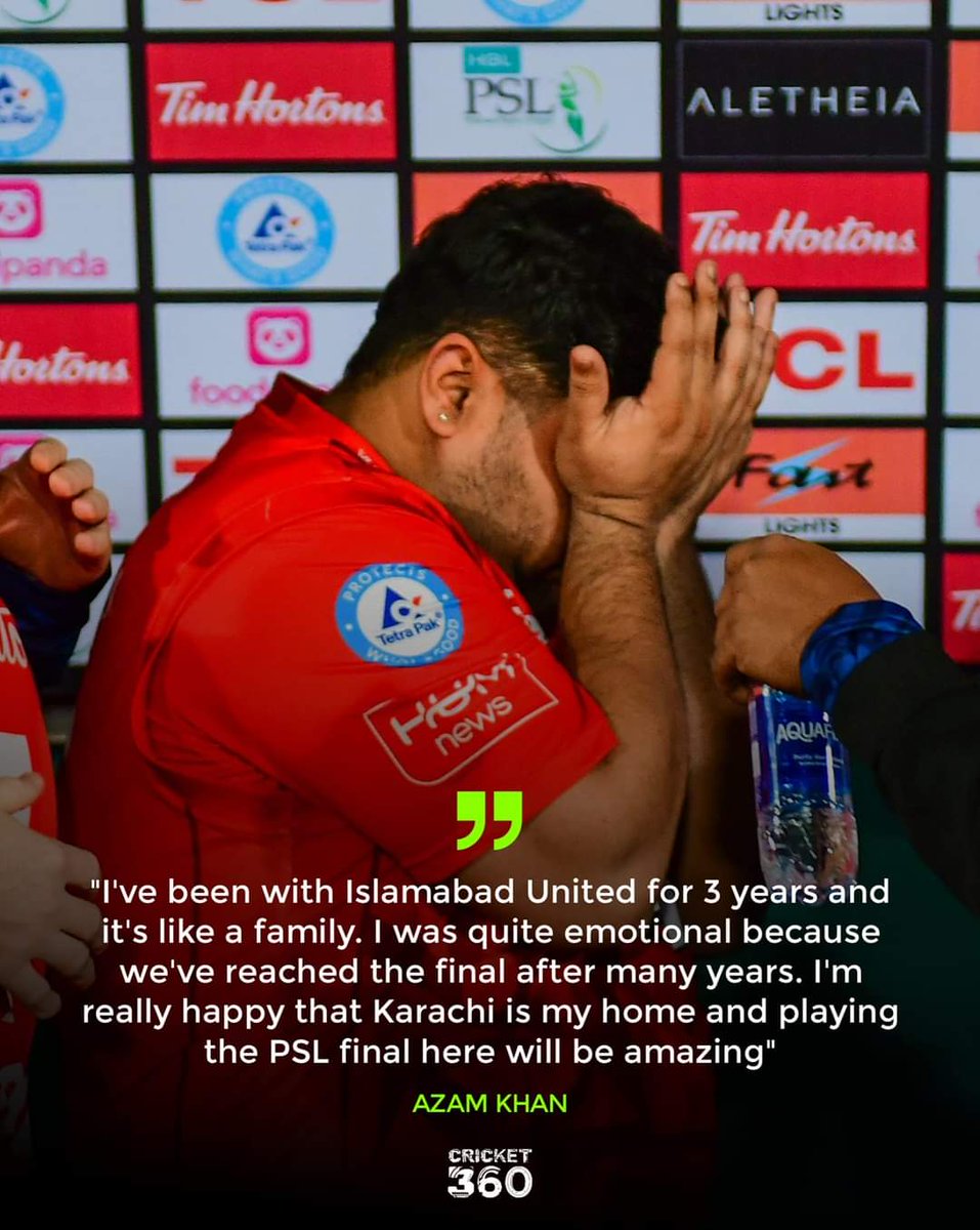 Azam Khan 🗣️:-

'I've been with Islamabad United for 3 years and it's like a family. I was quite emotional because we've reached the final after many years. I'm really happy that Karachi is my home and playing the PSL final here will be amazing'

#HBLPSL9  #IUvsPZ
#PTI_Team