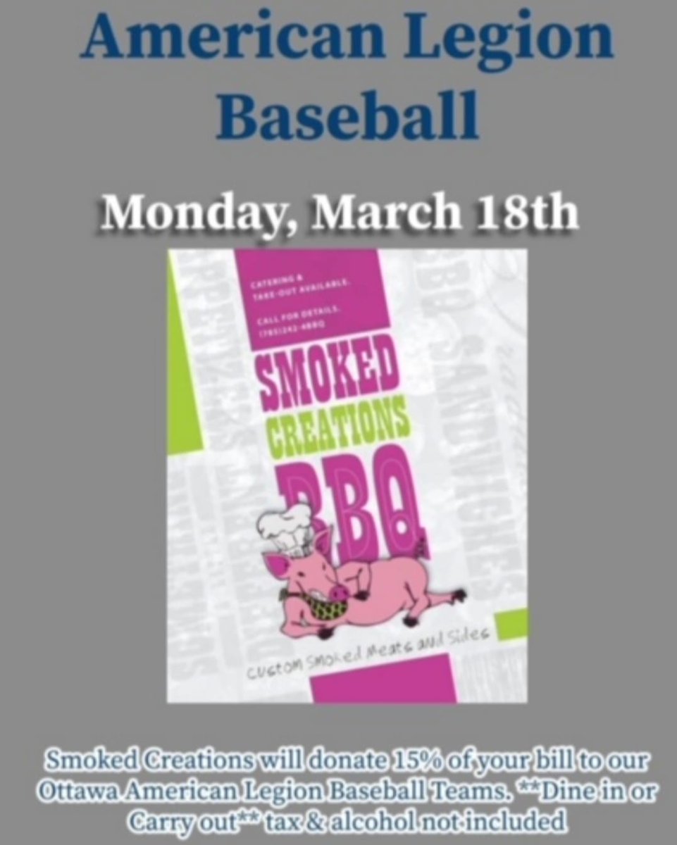 OALBaseball's tweet photo. Local friends. If you're gonna eat out for lunch, dinner or carryout...go to Smoked Creations &amp; show em this on your phone, print it out, or just tell em you want to help us out...They'll donate 15% of your food order to us. No cost to you, but the meal you're buying anyway! https://t.co/Gtq7frmGNE