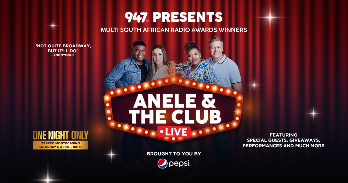 ✨Exclusive guests
✨Live performances
✨Giveaways

Get to be part of the funniest morning show on South African radio. 

🗓️ Saturday 6 April
📍 Teatro, Montecasino
⏲️ 18h30
🎟️ ticketpros.co.za

Brought to you by @pepsi_sa
#AneleAndTheClubOn947 #AneleAndTheClubLIVE🎭