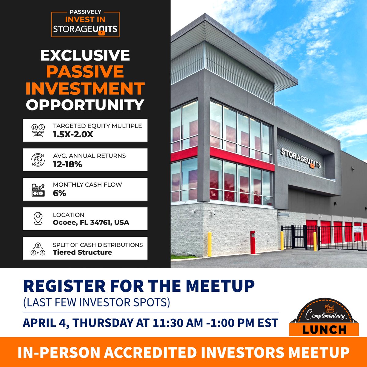 Looking for Passive Income but Don't Know Where to Start? 
📊 Get all the details at our event, including a free lunch. 🍴 Start your journey towards passive income today!
Date: Thur, April 4th, 11:30 AM -1:00 PM EST 🗓️
Don't miss our FREE Investor Event: investinselfstorage.com/passive-invest…