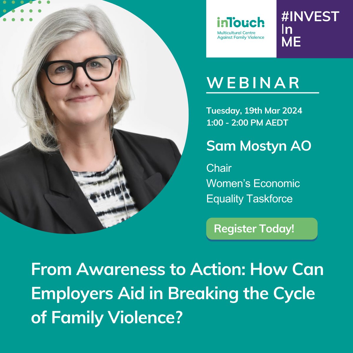🗣️Special Announcement! We're delighted to reveal that Sam Mostyn AO, Chair of the Women's Economic Equality Taskforce will be joining "From Awareness to Action: How Can Employers Aid in Breaking the Cycle of Family Violence?" this afternoon. RSVP: tinyurl.com/nkjntujc
