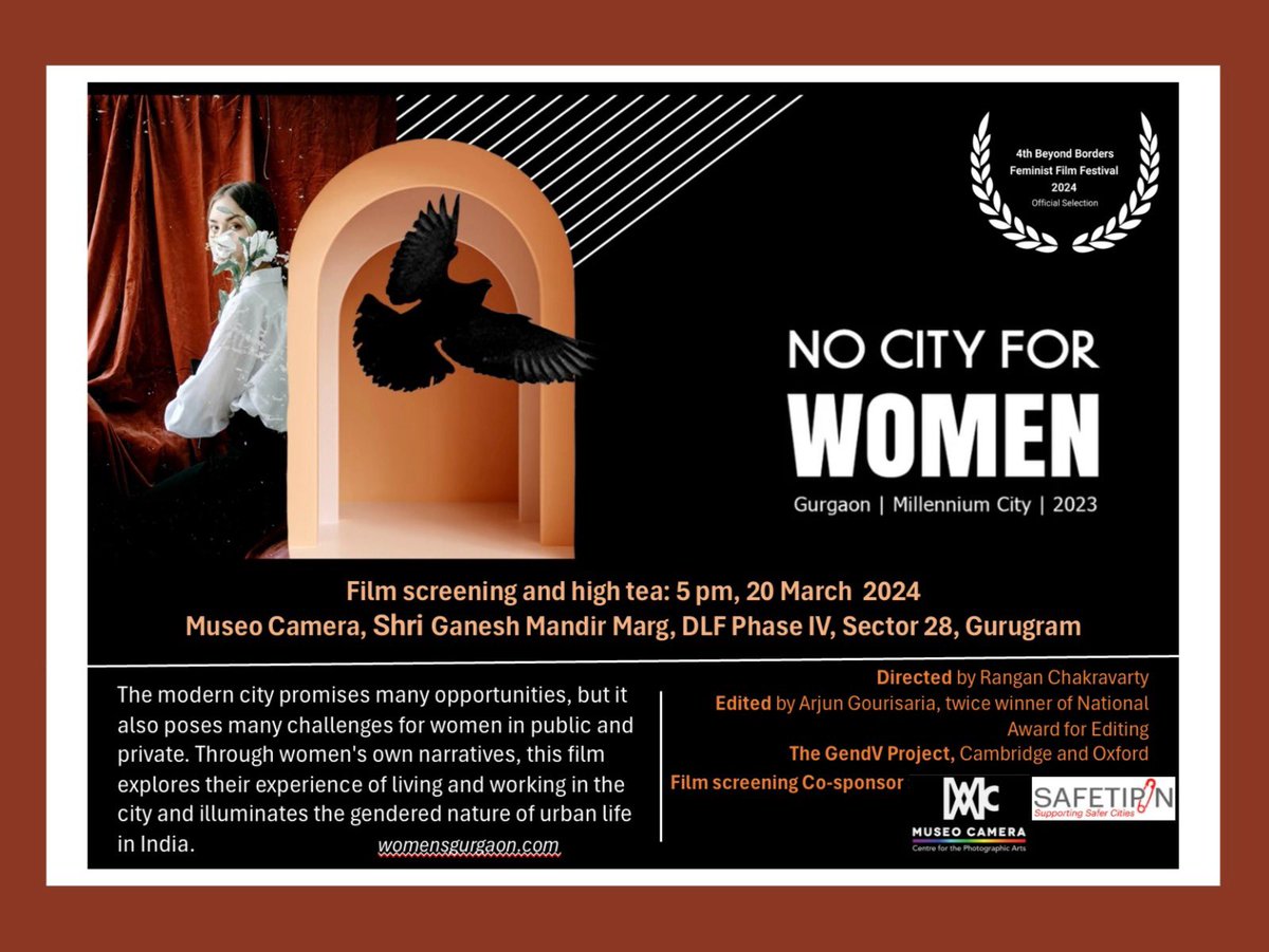 In collaboration with The GendV Project, Cambridge and Oxford, Safetipin is organizing screening of a film called 'No City for Women' directed by Rangan Chakravarty at Museo Camera on 20th March 2024 at 5 pm. 

As seats are limited, kindly RSVP. 
shorturl.at/pyI36