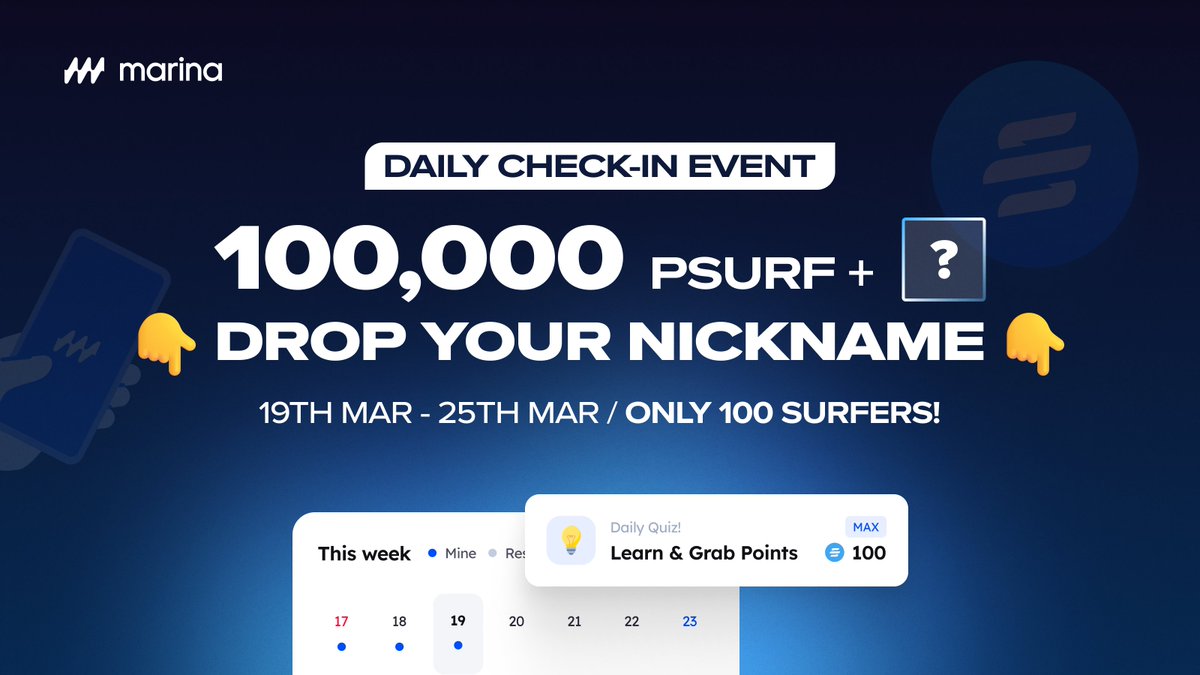 🌊Sudden Event is coming!

1️⃣: 💟 &amp; 🔁 + Follow 🔔
2️⃣: Drop your Marina Protocol Nickname 👇
3️⃣: Enjoy Daily Quiz everyday

🎁100,000 pSURF + ❓

⏰19th Mar ~ 25th Mar

😎Only 100 Surfers

#Airdrop #Giveaway #Free #Reward #Web3 #NFT #PFP #Boost #Bonus #BNB  #Giveaway #Dapp
