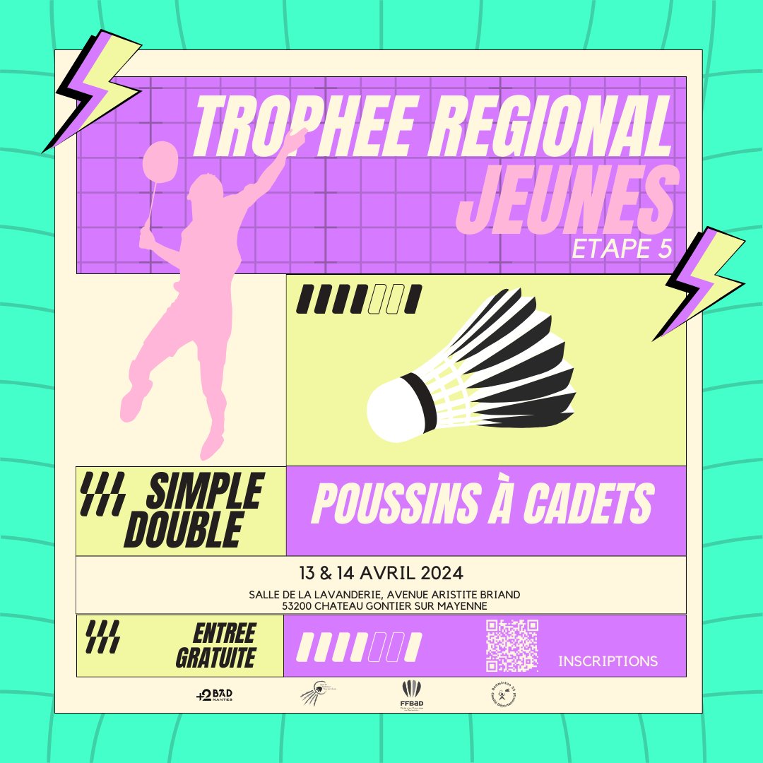 🏸 Trophée Régional Jeunes - Etape 5

La cinquième étape du Trophée Régional Jeunes pour la saison 2023/2024 se tiendra les 13 &amp; 14 avril à Chateau Gontier sur Mayenne (53)

-> Inscription via le QRCode ou par ici : badnet.fr/tournoi/public…
#badminton #ffbad #competition