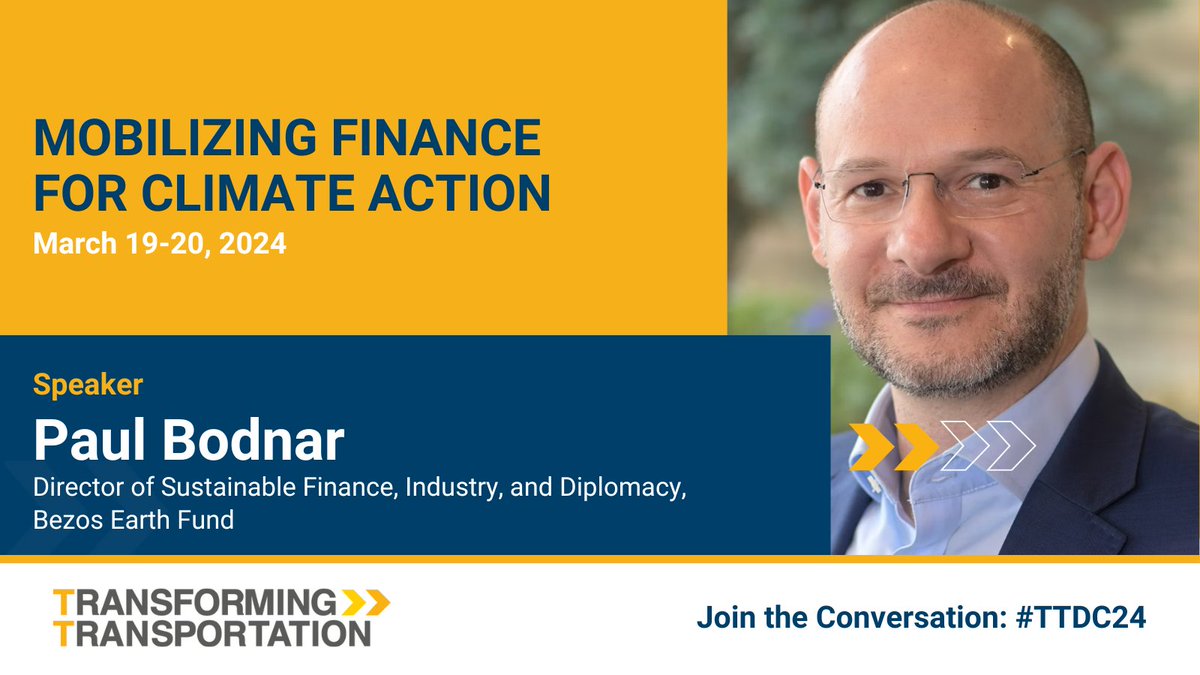 Paul Bodnar (@bodnarclimate, @BezosEarthFund) & other experts will be discussing the much-needed transformation towards a low-carbon #transportation & how to leverage public and private financing to achieve global #climatetargets. Watch live: wrld.bg/yWXT50QUwzM #TTDC24