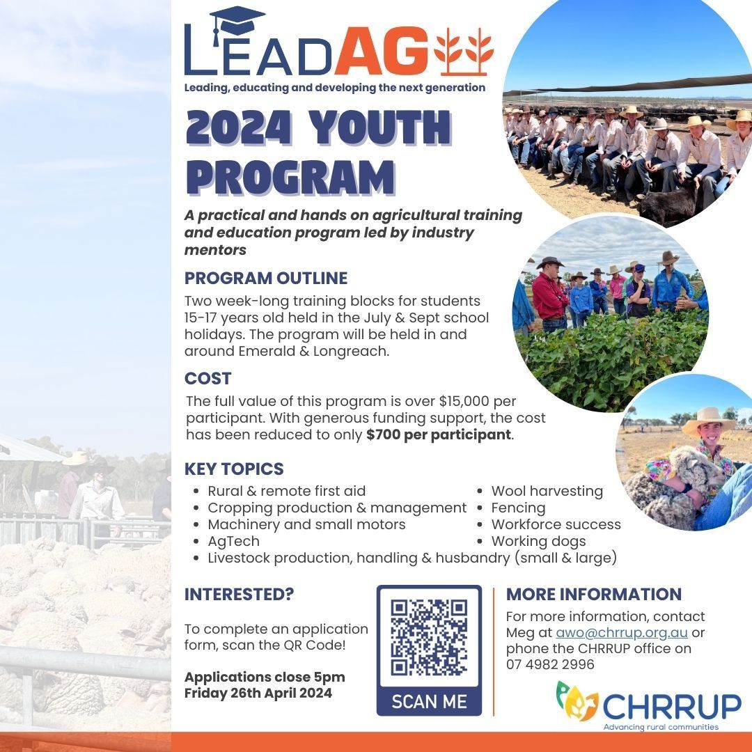 We are thrilled to share that applications for CHRRUP'S LEADAg Youth 2024 Program are now open! This is a fantastic opportunity for 15-17 year old's to gain practical and hands on agricultural training led by industry leaders. buff.ly/4aeiNiE