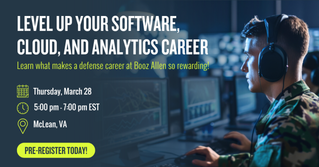 tippy9058's tweet photo. Are you a cleared expert in the #WashMetro area with experience in AI/Machine Learning, Cloud Engineering, DevOps Engineering, or Software Development? We want to meet you! Pre-register for our event on March 28, 5-7 pm ET. #LifeAtBooz https://t.co/g14GnoXYBs https://t.co/juwQKt4GYc