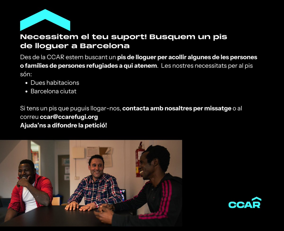 CCARefugi's tweet photo. 🏠 Necessitem el vostre suport! Busquem un pis de lloguer a Barcelona ciutat amb dues habitacions.
Ajuda'ns a difondre la petició!
#AcciopelRefugi #acollidadigna #acollida https://t.co/a4vx40zEQa