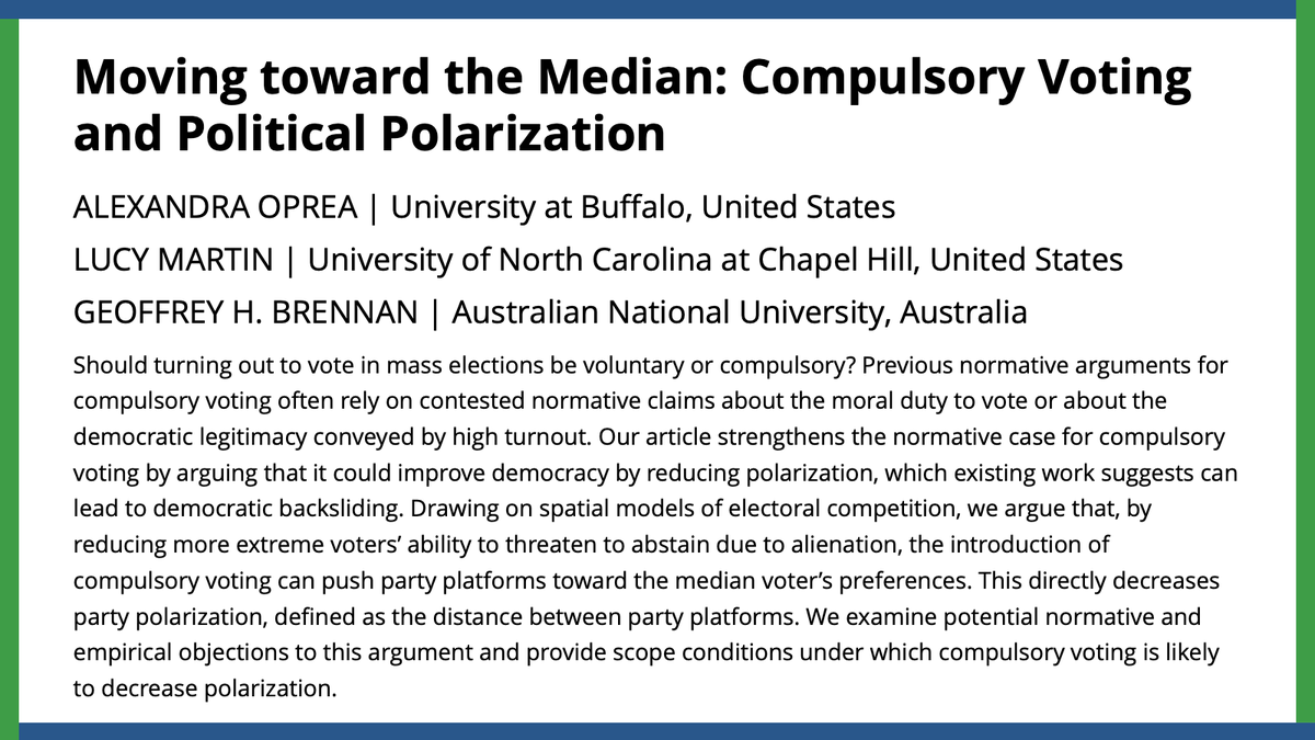 Should voting in mass elections be voluntary or compulsory? @AOprea_PPE, Lucy Martin, & Geoffrey H. Brennan argue compulsory voting could improve democracy by reducing polarization, which can lead to democratic backsliding. #APSRFirstView #APSR ow.ly/KJz050QRELK