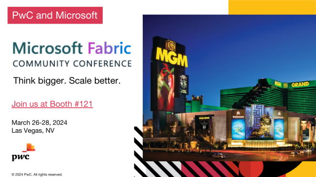 We are excited to see you at the Microsoft Fabric Community Conference. Please stop by PwC Booth #121 to immerse yourself in hands-on demonstrations with the latest Microsoft technology. Think Bigger, Scale Better. #PwCMicrosoft #DataDrivenInsights... pwc.to/3Pq5YKi