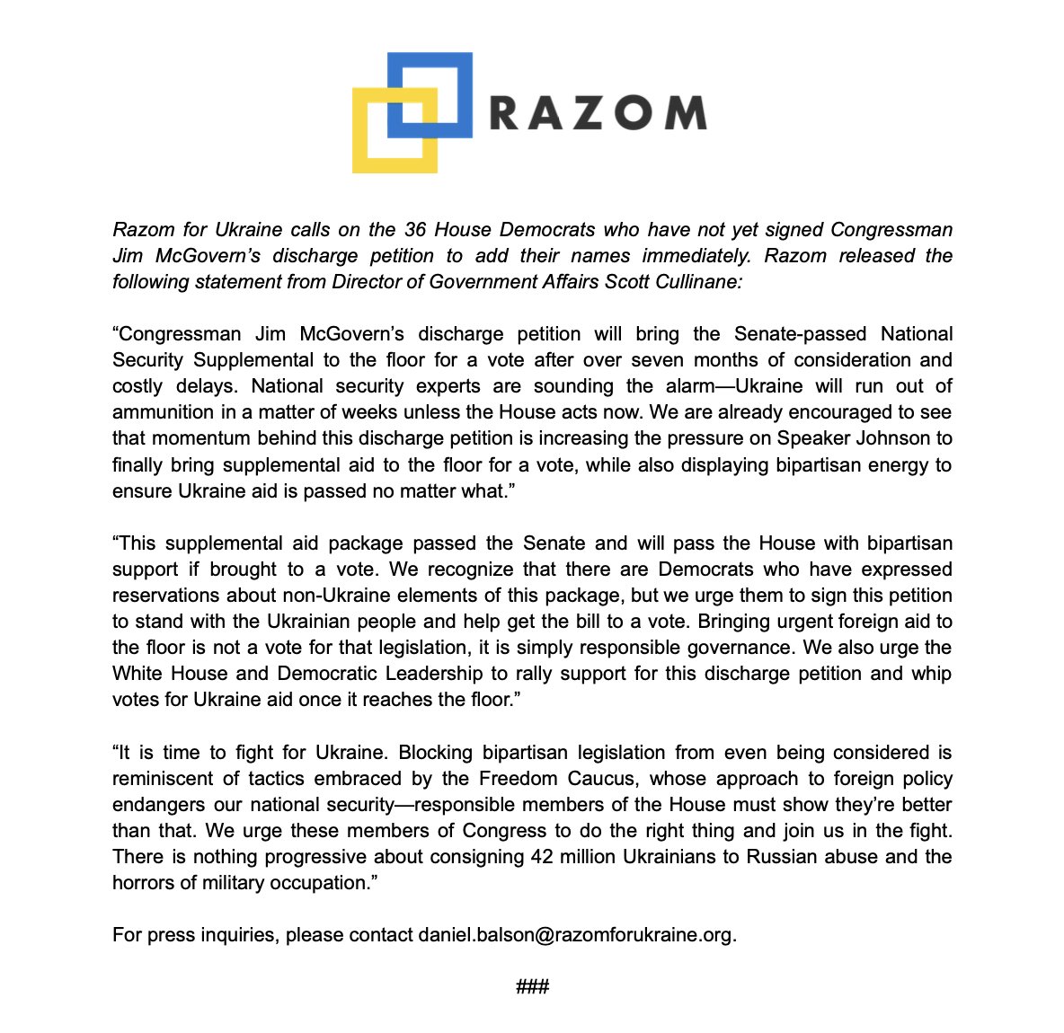 Razom for Ukraine calls on the 36 House Democrats who have yet to sign @RepMcGovern's discharge petition to add their names immediately. There's nothing progressive about consigning 42 million Ukrainians to the horrors of Russian occupation. The time to fight for Ukraine is now.