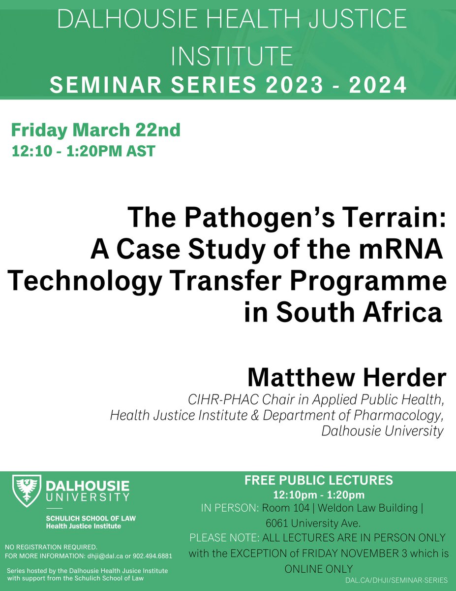 THIS FRIDAY! @ 12:10PM AST - 'The Pathogen's Terrain: A Case Study of the mRNA Technology Transfer Programme in South Africa' w/DHJI Director Matthew Herder 12:10-1:20PM Room 104, Weldon Law Building dal.ca/faculty/law/dh…… @SchulichLaw