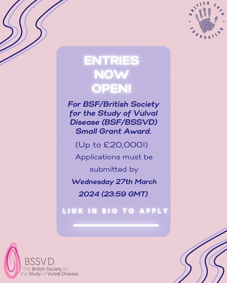 Don’t miss out on the chance to get support for your research! Deadline approaching SOON🗣️🔍 For more information on other grant opportunities & to apply, click here: britishskinfoundation.org.uk/small-grant-aw… #BritishSkinFoundation #BSF #SmallGrant #SmallGrantAwards #SkinResearch