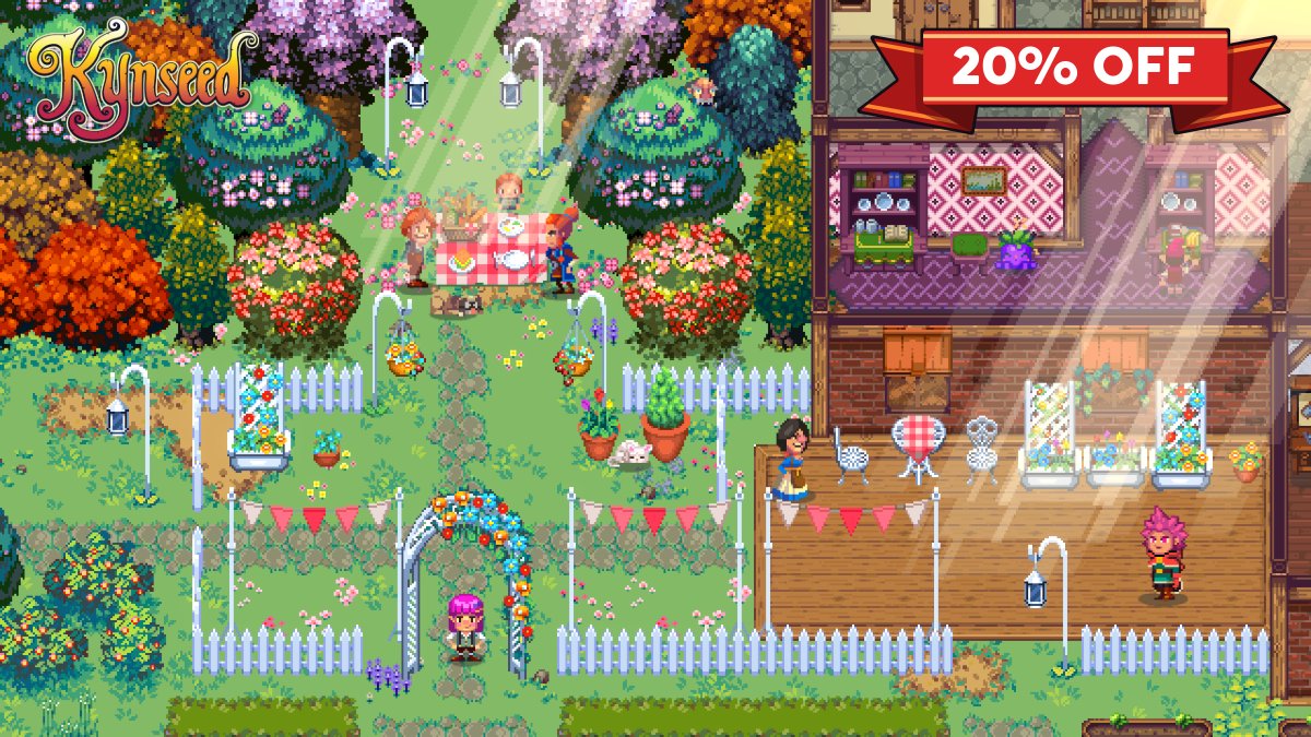 Here's a view of some of the new spring farm customisation items in situ - note the new garden decking! Nice! And the game is currently 20% off on Steam! store.steampowered.com/app/758870/Kyn… #pixelart #gamedev #IndieGameDev #Spring