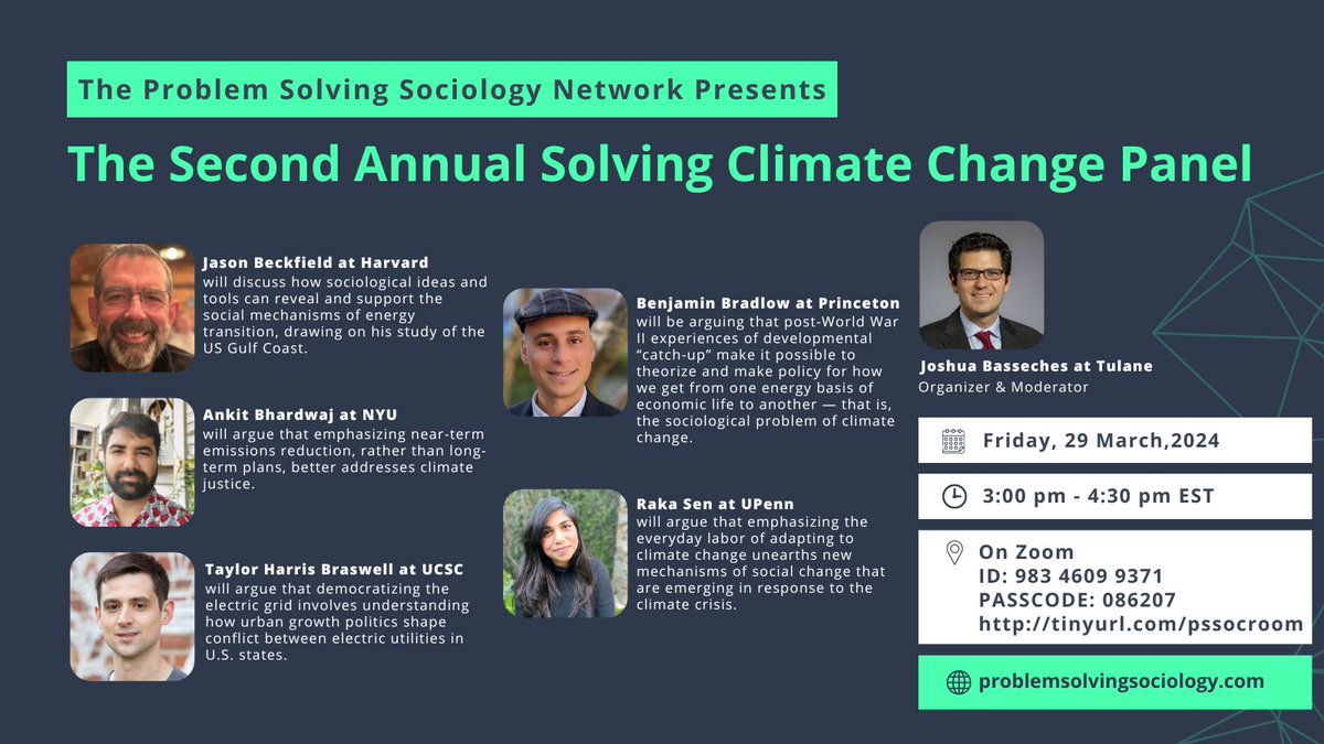 What can sociologists offer to solve climate change? Please join the 2nd Solving Climate Change Panel at 3 PM EST next Friday and brainstorm with us @JoshuaBasseches, Jason Beckfield, @ankitbhardy, @tbraz0, @bhbradlow, @rakasennn. #ProblemSolvingSociology sites.google.com/view/problemso…