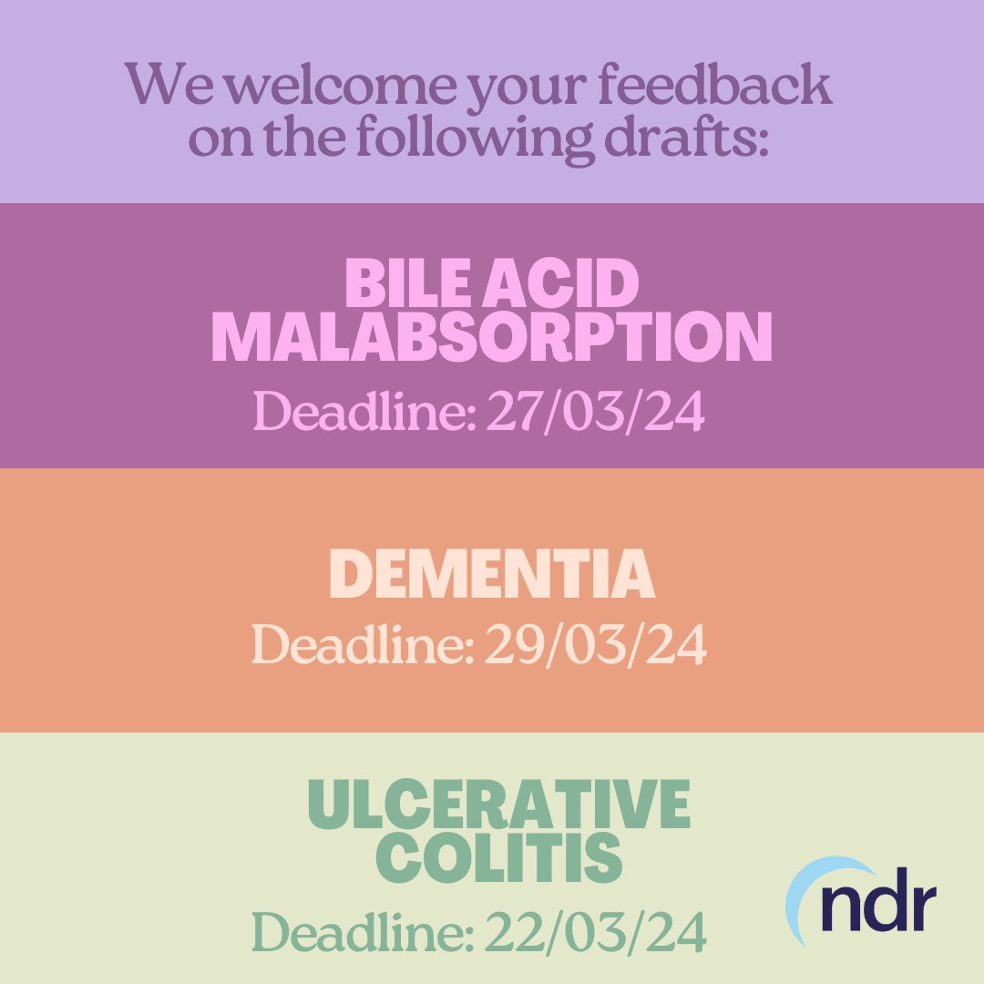 A quick reminder that we are seeking feedback on the new Bile Acid Malabsorption, Dementia and Ulcerative Colitis draft resources - out for review now. All details and drafts are available here: ndr-uk.org/about-resource…