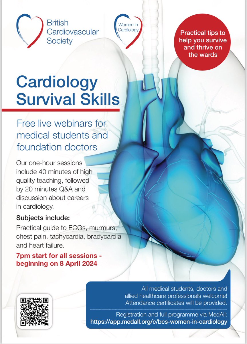 New, free webinar series for medical students and foundation doctors! Cardiology Survival Skills: Practical tips to help you survive and thrive on the wards. Evening webinars of 40 minutes of teaching followed by 20 minutes of discussion about careers in Cardiology and Q&A.