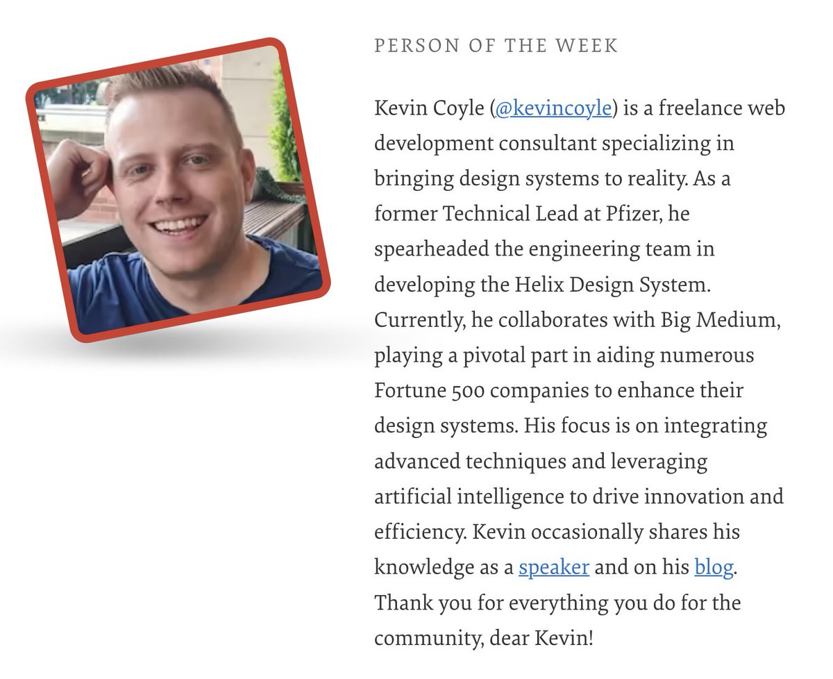 Our Person of the Week is a freelance web development consultant specializing in design systems and leveraging AI to drive innovation. Drumrolls, please, for... Kevin Coyle!

Thank you for everything you do for the community, dear @kevincoyle!

#smashingcommunity