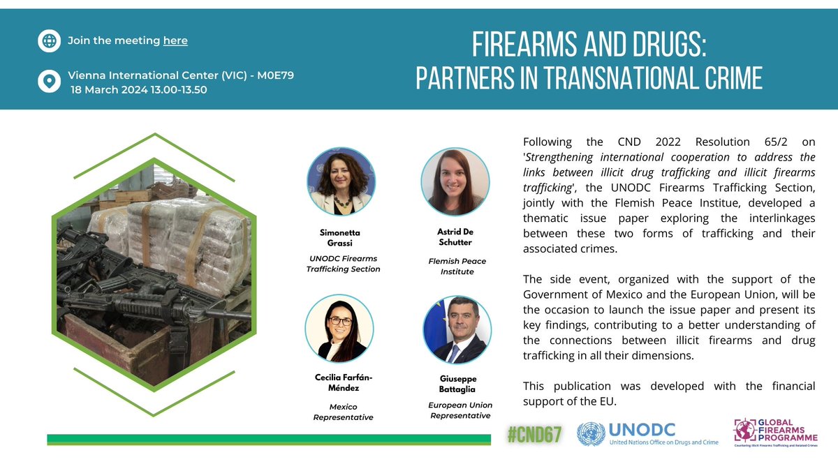 “#Firearms & #drugs: Partners in transnational #crime” is the new report by @UNODC_Firearms & @Vredesinstituut. Join the #CND67 launch-event now! With @SimonettaGrassi @AstridDSchutter @farfan_cc @GBattagliaCC 🎦watch: bit.ly/48X3V78 📖read: vlaamsvredesinstituut.eu/en/report/fire…