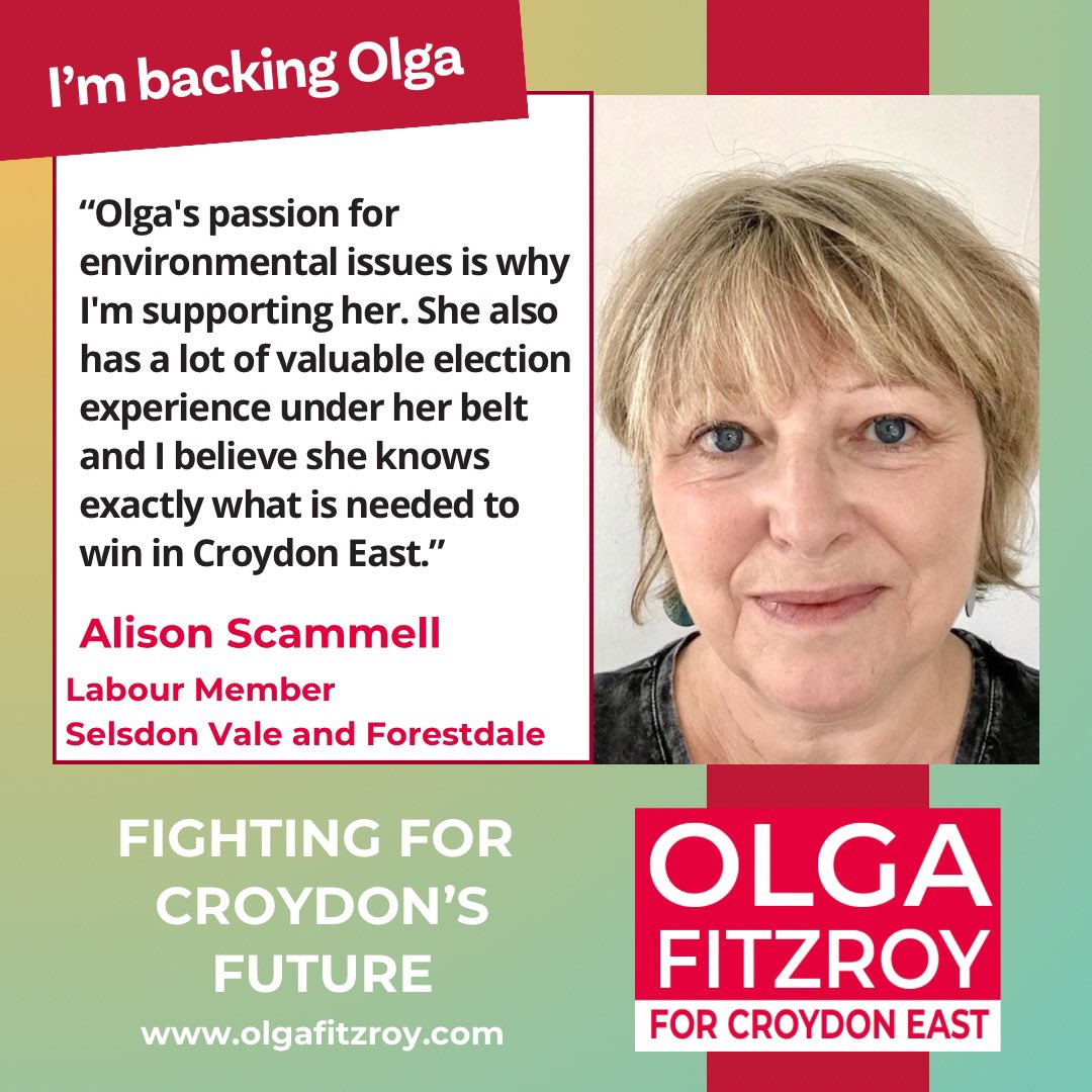 Thank you so much for your support Alison, I’m passionate about tackling the climate emergency by bringing Labour’s Warner Homes programme and jobs in clean energy to Croydon. To find out more please check out olgafitzroy.com