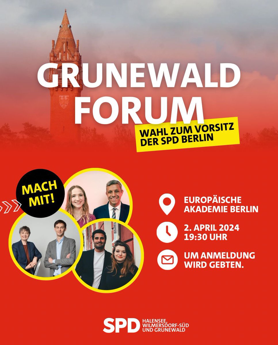 Letze Sache noch:

wir laden euch herzlich zum ersten #GrunewaldForum am Dienstag, 2. April um 19:30 Uhr in der Europäischen Akademie Berlin ein.

Seid dabei und kommt mit den Kandidierenden ins Gespräch.

Melde dich unter dorieta_gjura@yahoo.com an!