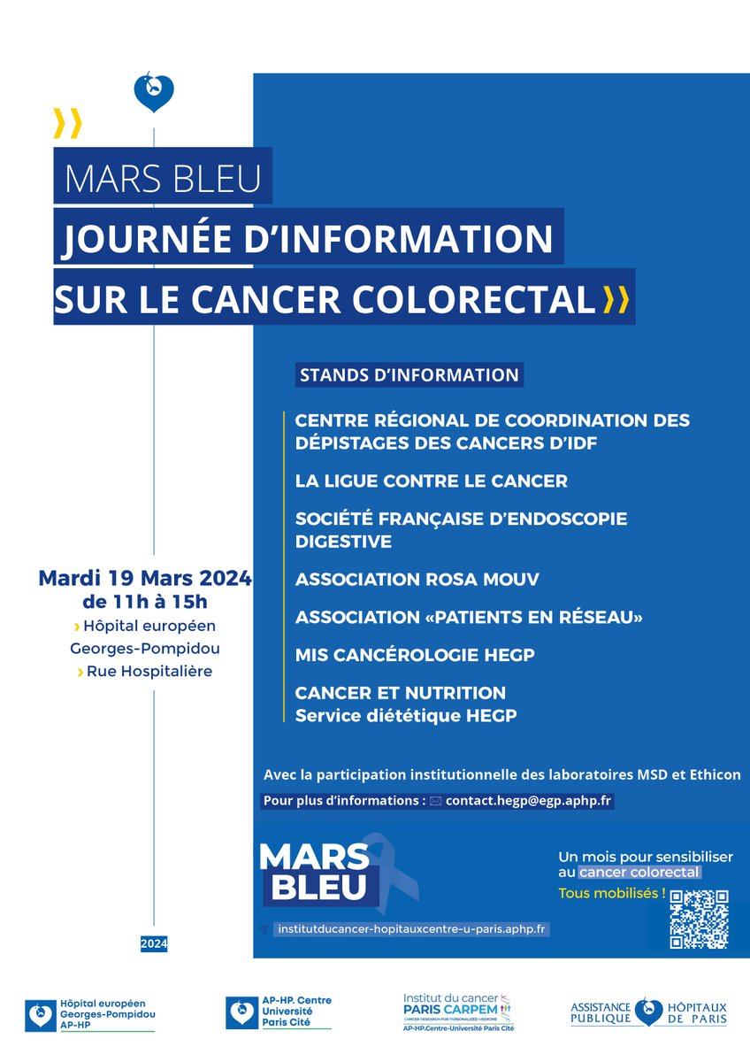 #MarsBleu | Demain les professionnels et les associations vous attendent @HopitalPompidou @APHP pour échanger autour du #depistage et des #traitements du #cancercolorectal @laliguecancer @SFED_Endoscopie @InstParisCarpem #rosamouv #PatientsEnRéseau