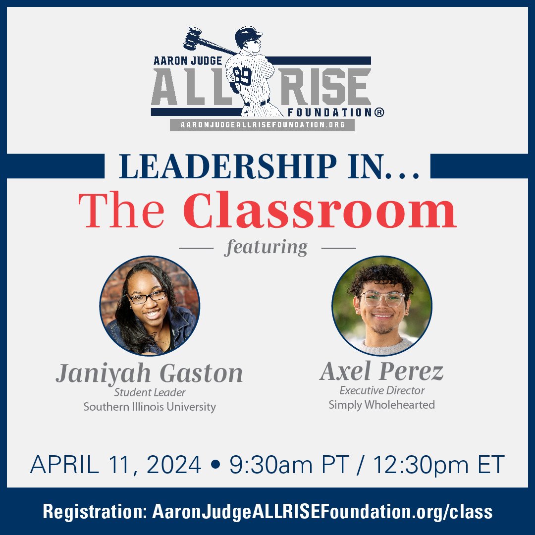 Registration is now open for our next Master Class featuring 2 young leaders that will inspire youth to step forward and make the world a better place. Free for educators to join. Can't join us day of? 👀 our Leadership Library to watch past classes. aaronjudgeallrisefoundation.org/class