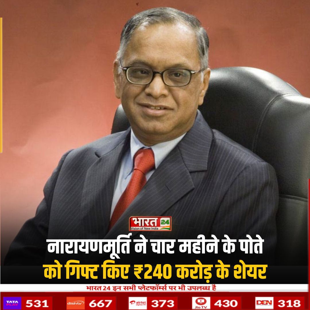 Bharat24Up's tweet photo. इंफोसिस के संस्थापक एनआर नारायण मूर्ति ने अपने चार महीने के पोते एकाग्र रोहन मूर्ति को 240 करोड़ रुपये से अधिक के शेयर उपहार में दिए हैं। 

#NarayanaMurthy #Gifts #FourMonth #OldGrandson #Shares #240Crore #Infosys #News #Viral #Bharat24 #Bharat24Digital https://t.co/EhLVca6VWU